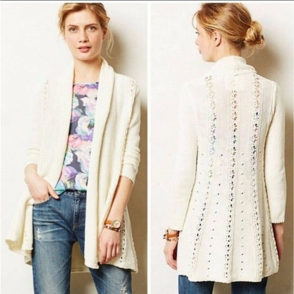 Anthro Angel of the North Cream Crochet Lace Linen Blend Cardi Cardigan Sweater - Picture 1 of 11